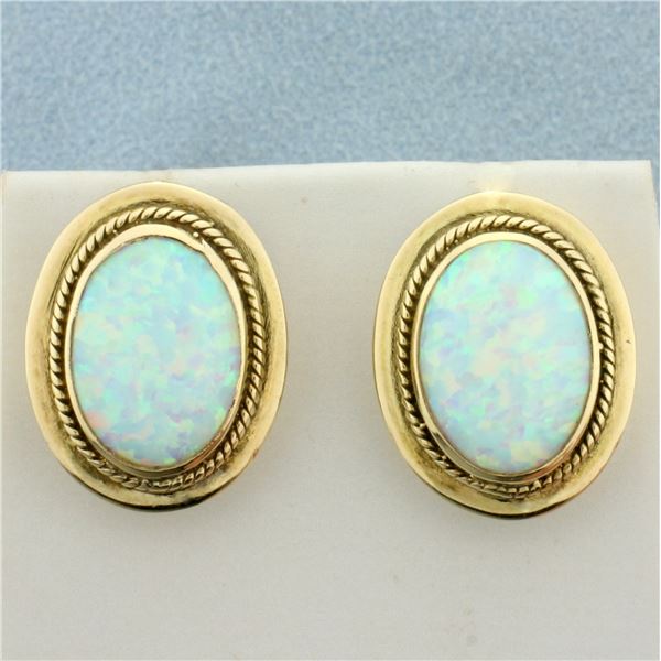 Vintage Ethiopian Opal Button Earrings in 14k Yellow Gold