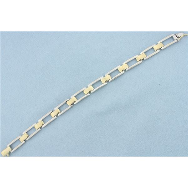 Two Tone Tank Tread Link Bracelet in 14k Yellow and White Gold