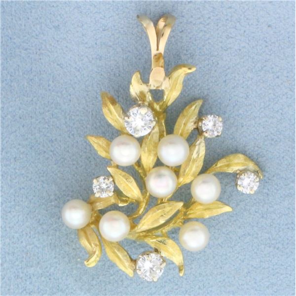 Diamond and Pearl Leaf Nature Design Pendant in 18k Yellow Gold