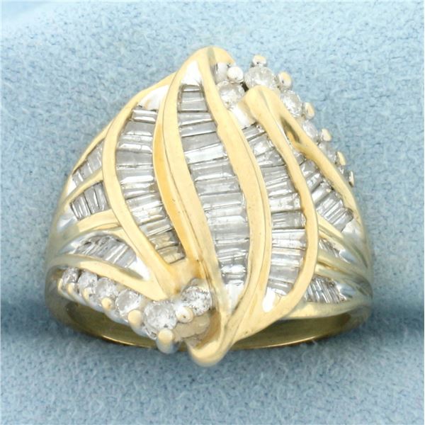 Designer Baguette and Round Diamond Statement Ring in 14k Yellow Gold