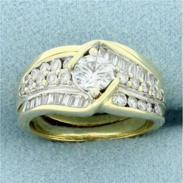 Vintage Round and Baguette Diamond Engagement Ring in 14k Yellow and White Gold