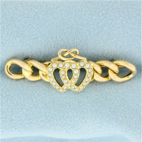 Antique 1894 Victorian Heart Seed Pearl Pin Brooch in 15k Yellow Gold