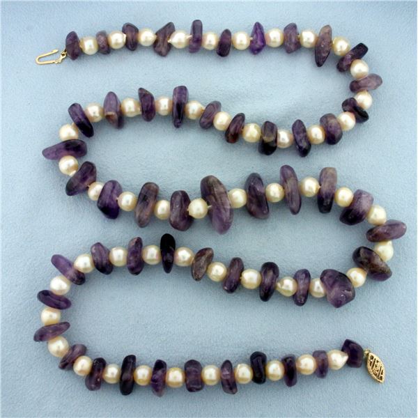 24 Inch Pearl and Amethyst Bead Necklace with 10k Yellow Gold Clasp
