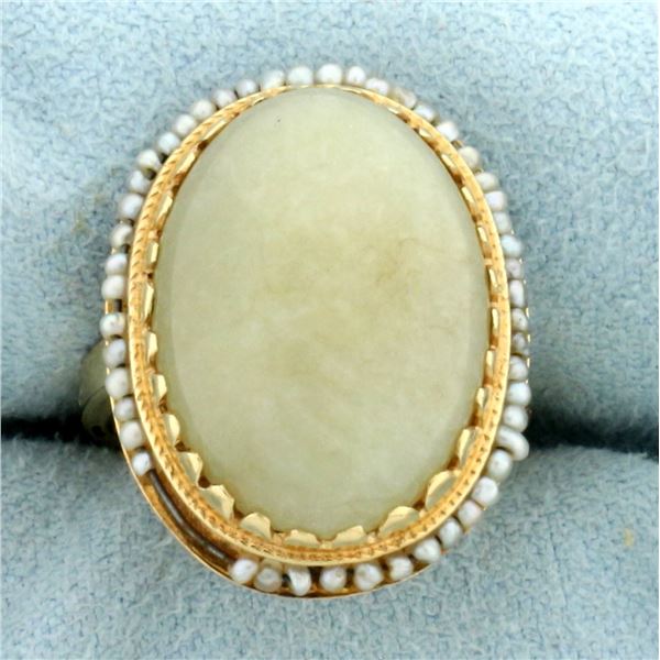 Antique Jade and Rotating Seed Pearl Ring in 14k Yellow Gold