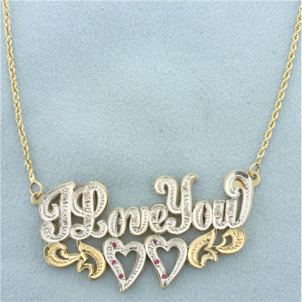 Diamond and Pink Sapphire "I Love You" Heart Necklace in 14k Yellow and White Gold