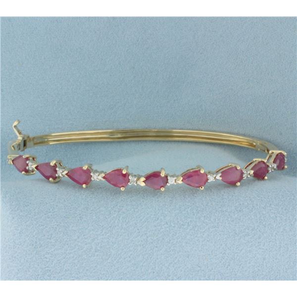 Ruby and Diamond Hinged Bangle Bracelet in 14k Yellow Gold