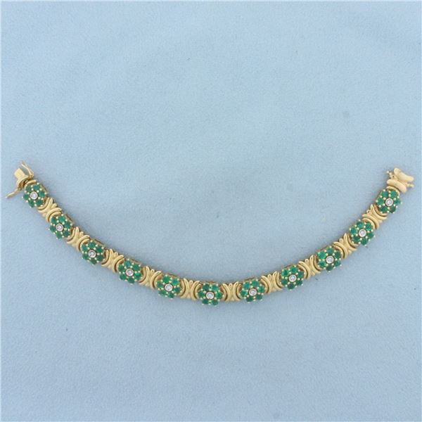 Vintage Emerald and Diamond Flower Design Bracelet in 14k Yellow Gold