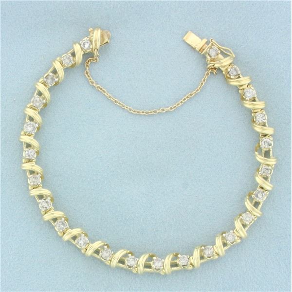 Spiral Ribbon Design Diamond Tennis Bracelet in 14k Yellow Gold
