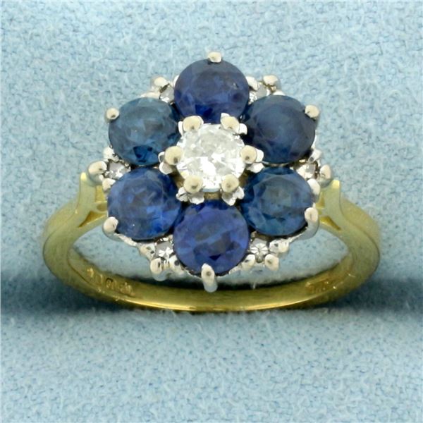 Vintage Sapphire and Diamond Flower Ring in 18k Yellow Gold