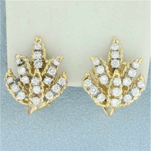 Vintage Diamond Leaf Design Clip On Earrings in 18k Yellow Gold
