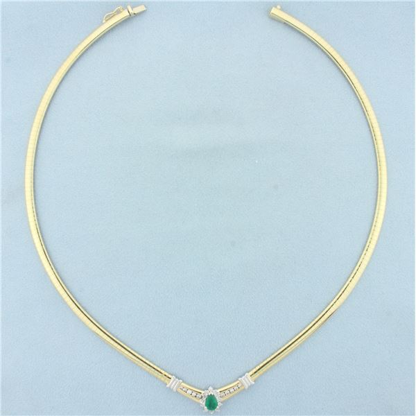 Emerald and Diamond Omega Necklace in 14k Yellow Gold