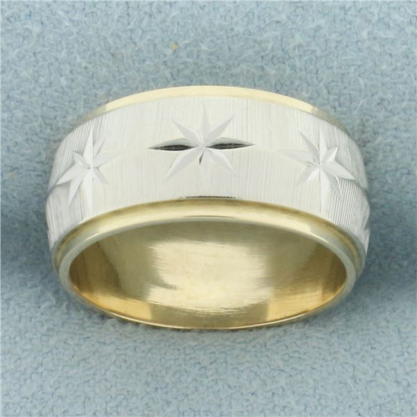 Two Tone Star Design Band Ring in 14k White and Yellow Gold