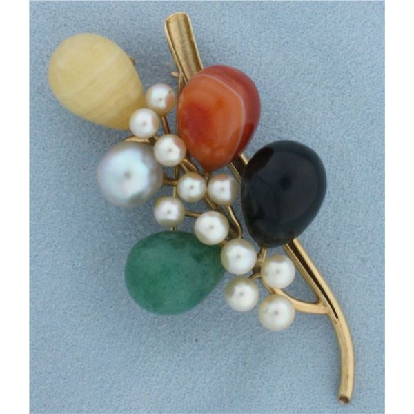 Designer Ming's Jade and Pearl Brooch Pin in 14k Yellow Gold