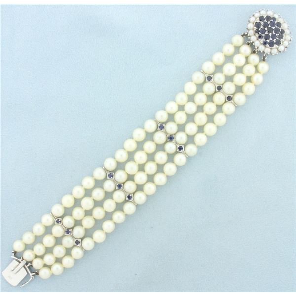 Vintage Sapphire and Cultured Akoya Pearl Bracelet in 14k White Gold