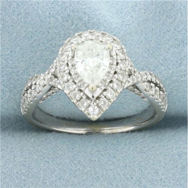 Vera Wang Love Collection Pear Diamond Double Halo Twist Engagement Ring in 14k White Gold