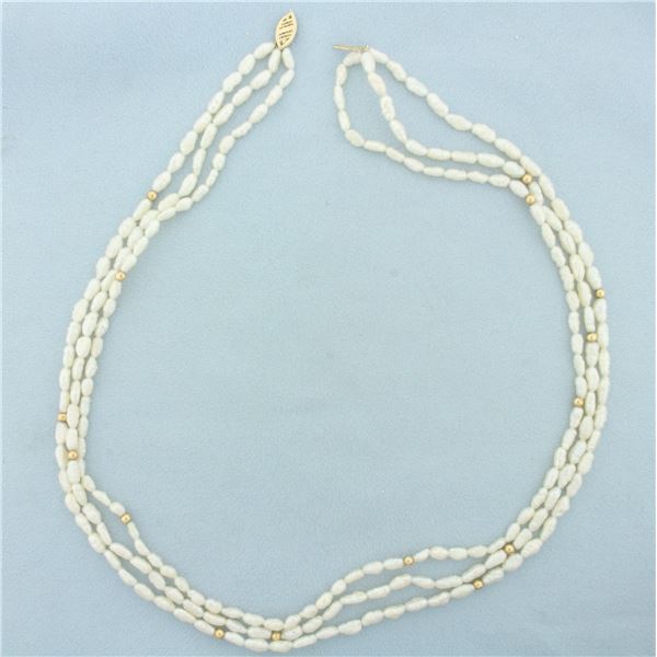 Triple Strand Baroque Pearl and Gold Bead Necklace in 14k Yellow Gold