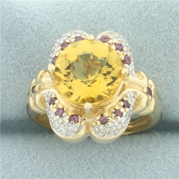 Citrine, Pink Sapphire, and Diamond Ring in 14k Yellow Gold