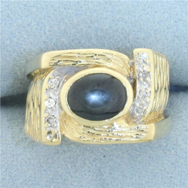 Natural Black Star Sapphire and Diamond Ring in 14k Yellow Gold