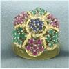Image 1 : Italian Sapphire Ruby and Emerald Flower Ring in 18k Yellow Gold