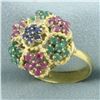 Image 2 : Italian Sapphire Ruby and Emerald Flower Ring in 18k Yellow Gold
