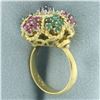 Image 3 : Italian Sapphire Ruby and Emerald Flower Ring in 18k Yellow Gold