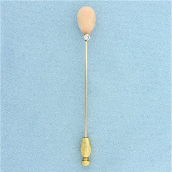 Vintage Angel Skin Pink Coral and Diamond Stick Pin in 14k Yellow Gold