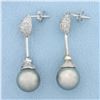Image 2 : Tahitian Pearl and Pave Diamond Dangle Earrings in 18k White Gold