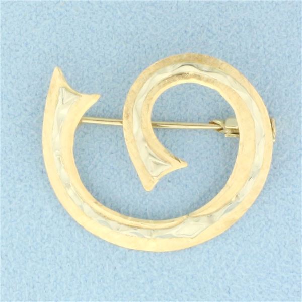 Vintage Italian Diamond Cut Swirl Design Brooch Pin in 18k Yellow and White Gold