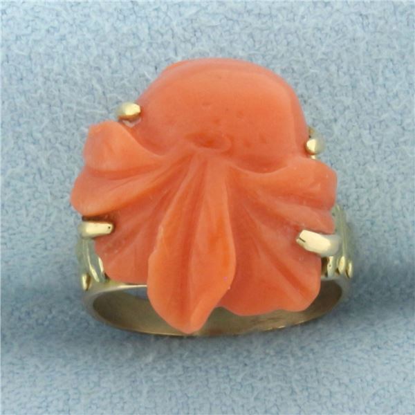 Antique Carved Red Coral Pinky Ring in 10k Rose Gold