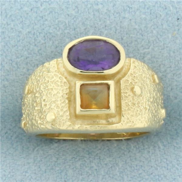 Amethyst and Citrine Pinky Ring in 14k Yellow Gold