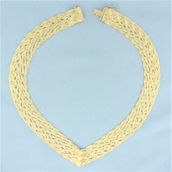 Italian Woven V-Neck Heart Necklace in 14k Yellow Gold