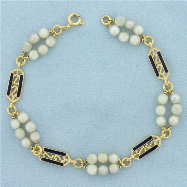 Italian Vintage Pearl Enamel Bracelet in 18k Yellow Gold