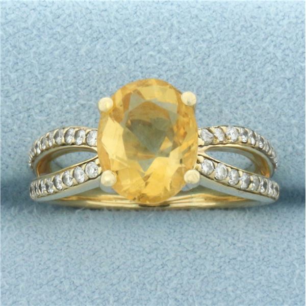 Citrine and Diamond Split Shank Ring in 14k Yellow Gold