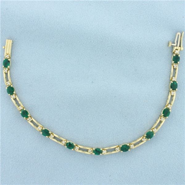 Emerald and Diamond Line Bracelet in 14k Yellow Gold