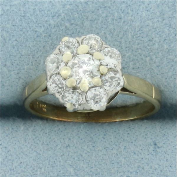 Antique Old European Cut Diamond Flower Ring in 14k Yellow Gold