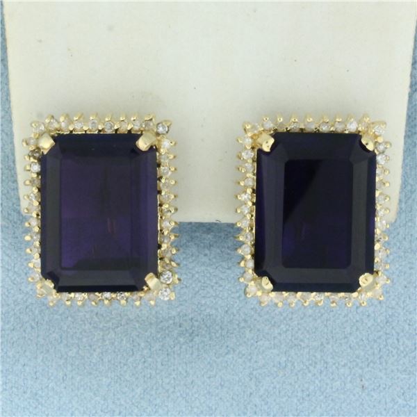 Large Amethyst and Diamond Halo Earrings in 14k Yellow Gold