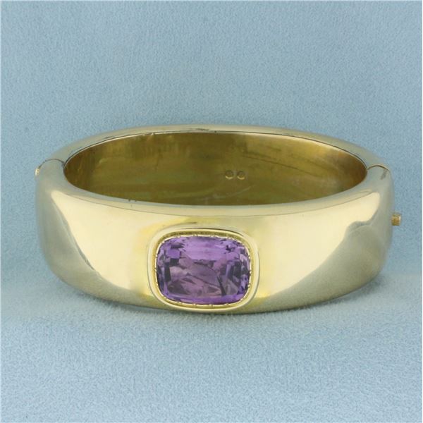 Vintage Amethyst Wide Hinged Bangle Bracelet in 14k Yellow Gold