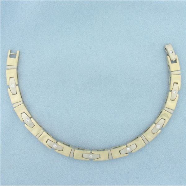 Vintage Men's Satin Finish Diamond Bracelet in 14k Yellow and White Gold