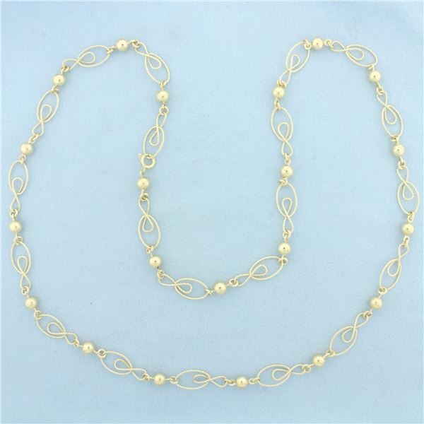 Extra Long Designer Link Ball Bead Necklace in 14k Yellow Gold