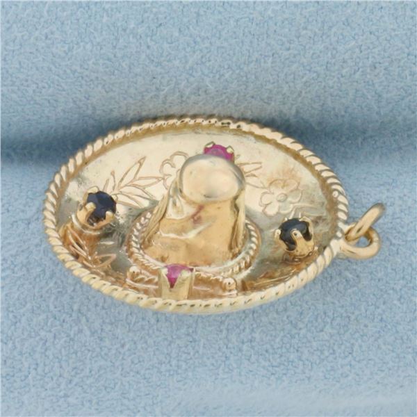 Ruby and Sapphire Sombrero Hat Charm in 14k Yellow Gold