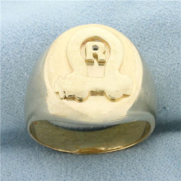Mens R Initial Monogram Signet Ring in 14k Yellow Gold