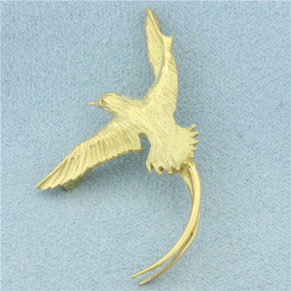 Long Tail Feather Bird Pedant or Pin in 18k Yellow Gold