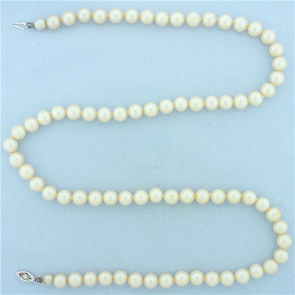 Vintage Akoya Pearl Strand Necklace in 14k White Gold Filigree Clasp