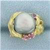 Image 1 : Designer Angela Conty Tahitian Pearl and Pink Sapphire Flower Ring in 18k Yellow Gold