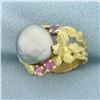 Image 2 : Designer Angela Conty Tahitian Pearl and Pink Sapphire Flower Ring in 18k Yellow Gold
