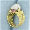 Image 3 : Designer Angela Conty Tahitian Pearl and Pink Sapphire Flower Ring in 18k Yellow Gold