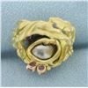Image 4 : Designer Angela Conty Tahitian Pearl and Pink Sapphire Flower Ring in 18k Yellow Gold
