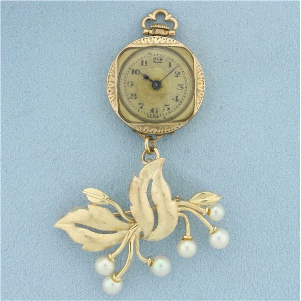 Antique Pearl Wind-Up Watch Brooch in 14k Yellow Gold