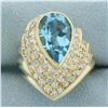 Image 1 : Swiss Blue Topaz and Diamond Statement Ring in 14k Yellow Gold