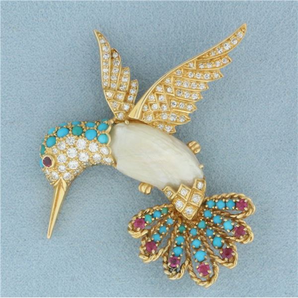 Hummingbird Broach Pin with Diamond, Ruby, Turquoise, and Pearl in 18k Yellow Gold